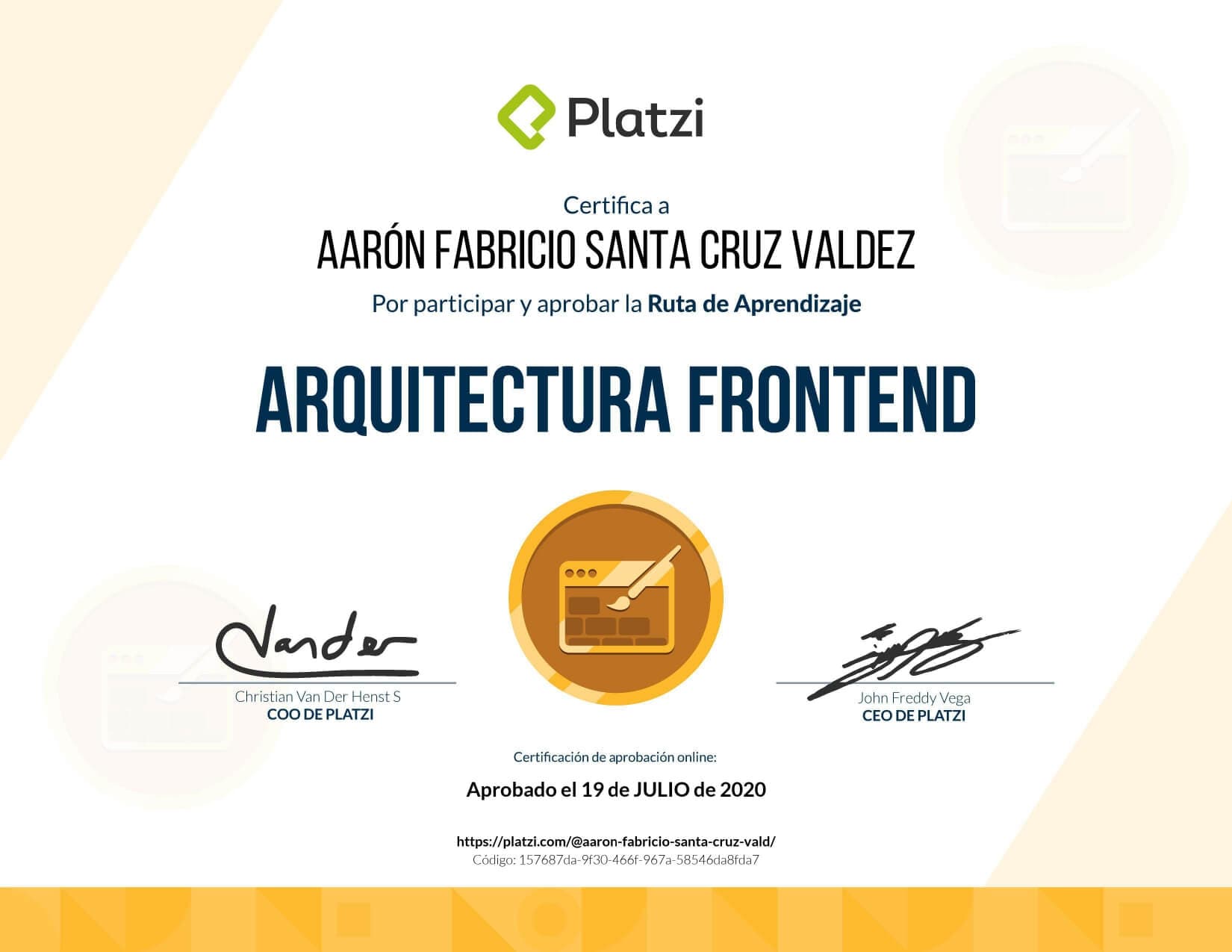 Certificado de Arquitecto Frontend obtenido por Aaron Fabricio Santa Cruz Valdez