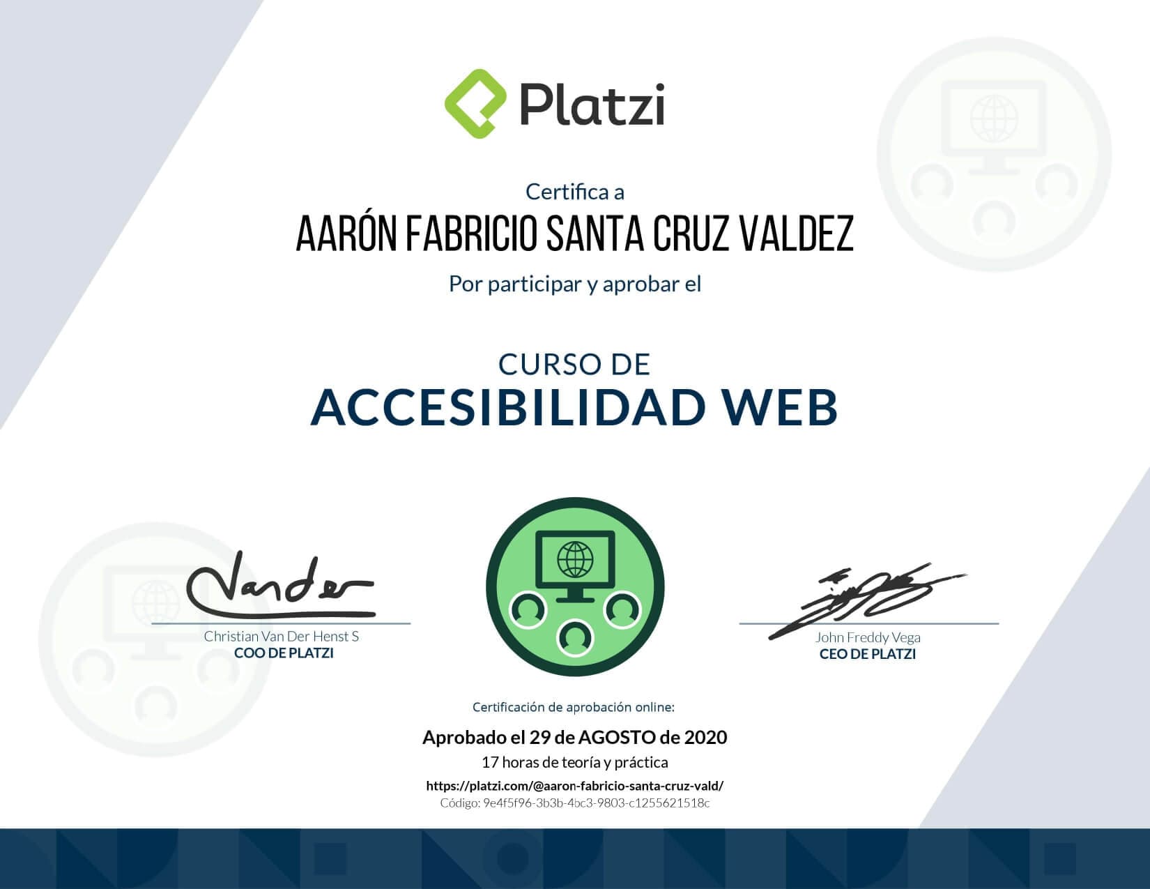 Certificado de Accesibilidad Web obtenido por Aaron Fabricio Santa Cruz Valdez