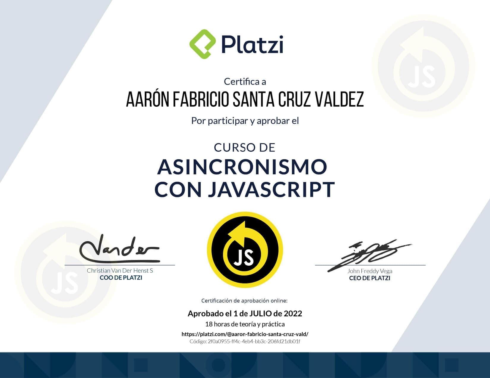 Certificado de Asíncronismo en JavaScript obtenido por Aaron Fabricio Santa Cruz Valdez