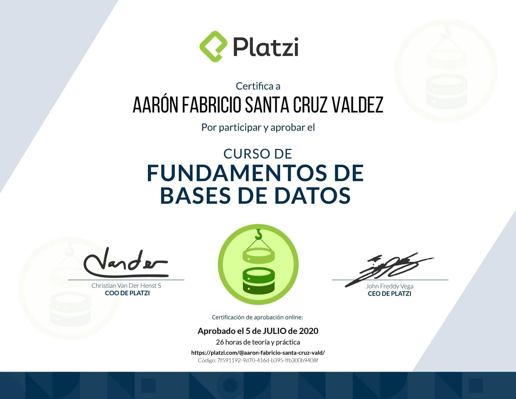 Certificado de Fundamentos de Bases de Datos obtenido por Aaron Fabricio Santa Cruz Valdez