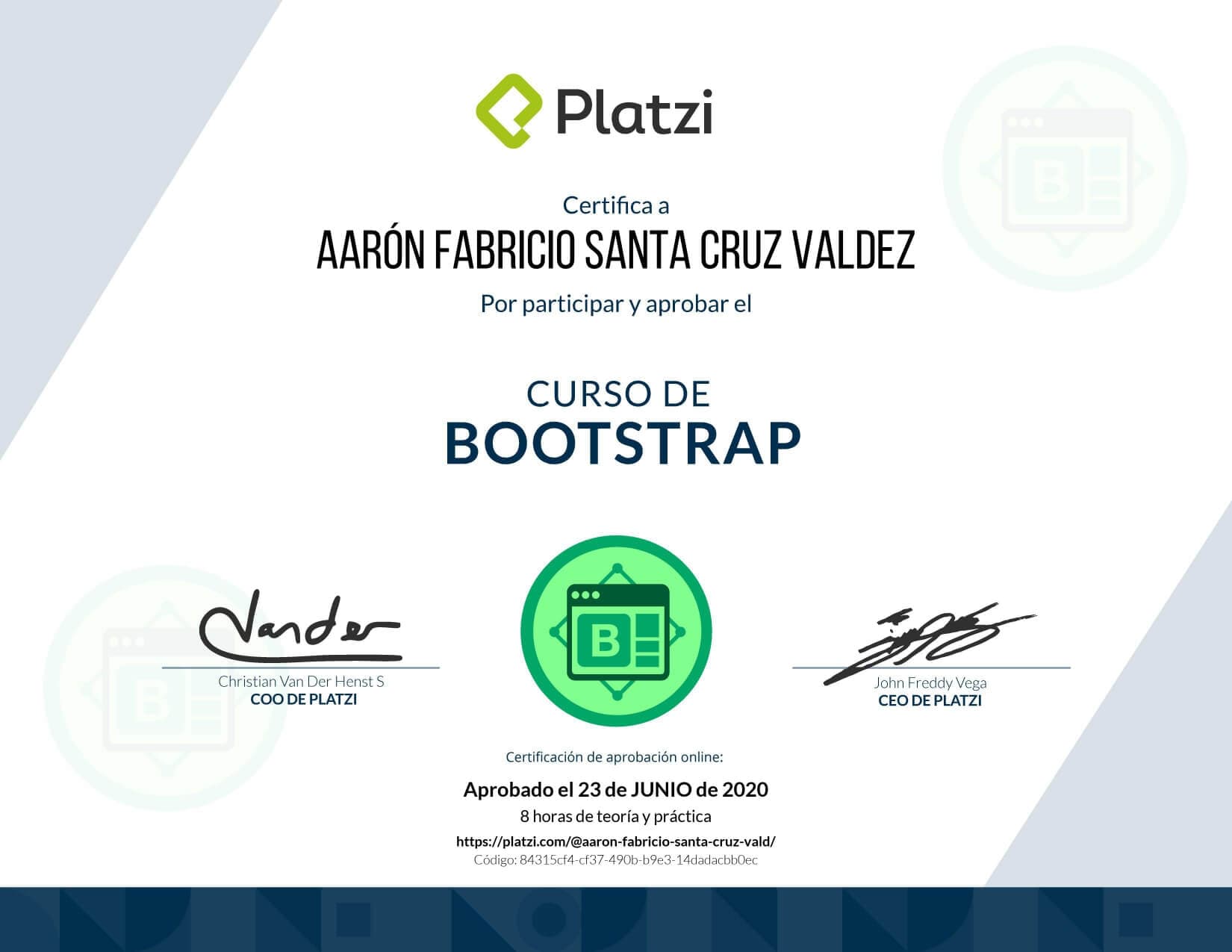 Certificado de Bootstrap obtenido por Aaron Fabricio Santa Cruz Valdez