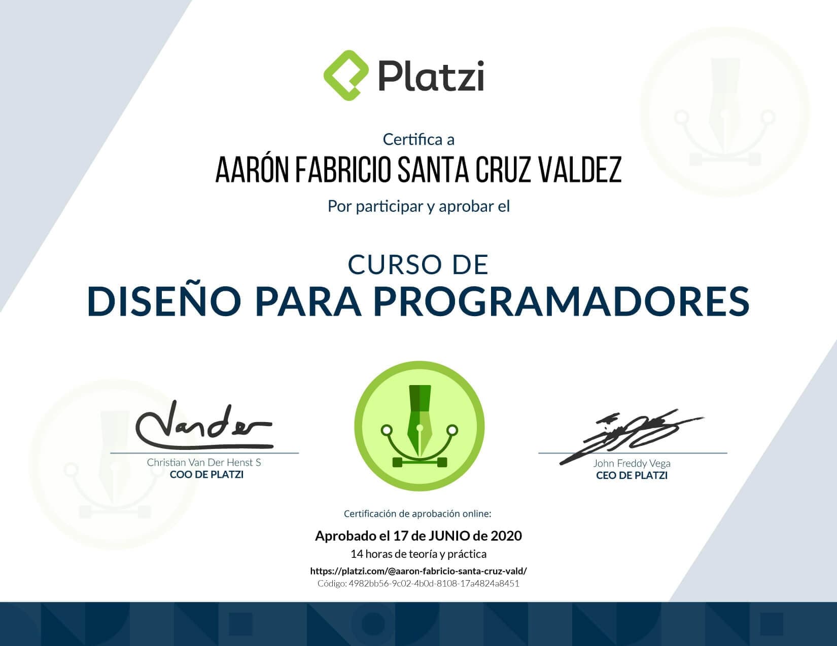 Certificado de Diseño para Programadores obtenido por Aaron Fabricio Santa Cruz Valdez