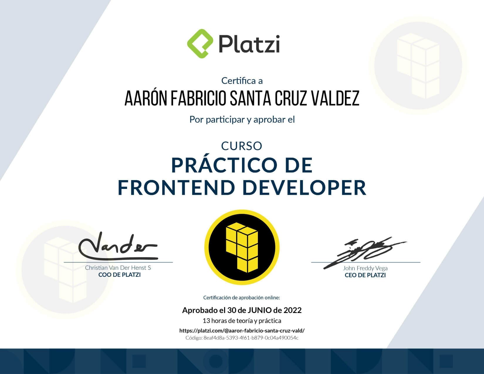 Certificado de Frontend Developer (Práctico) obtenido por Aaron Fabricio Santa Cruz Valdez