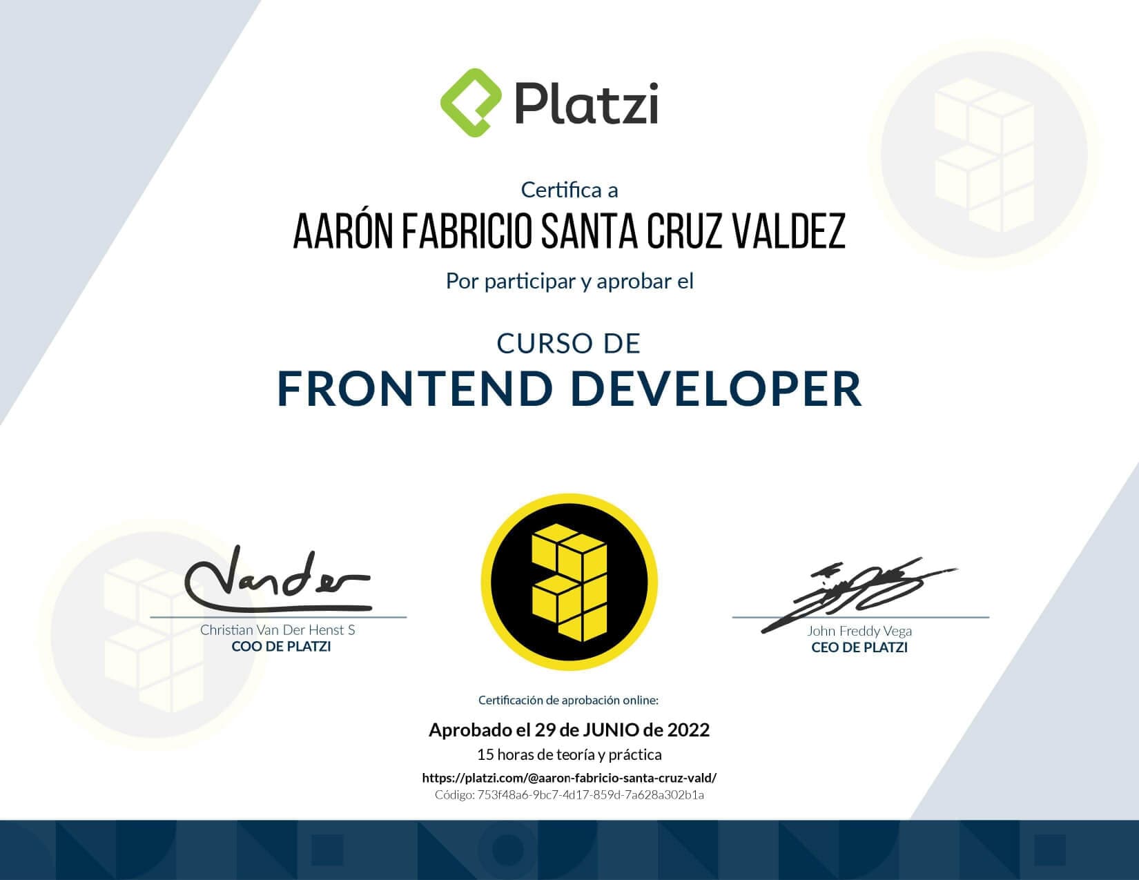 Certificado de Desarrollo Frontend obtenido por Aaron Fabricio Santa Cruz Valdez