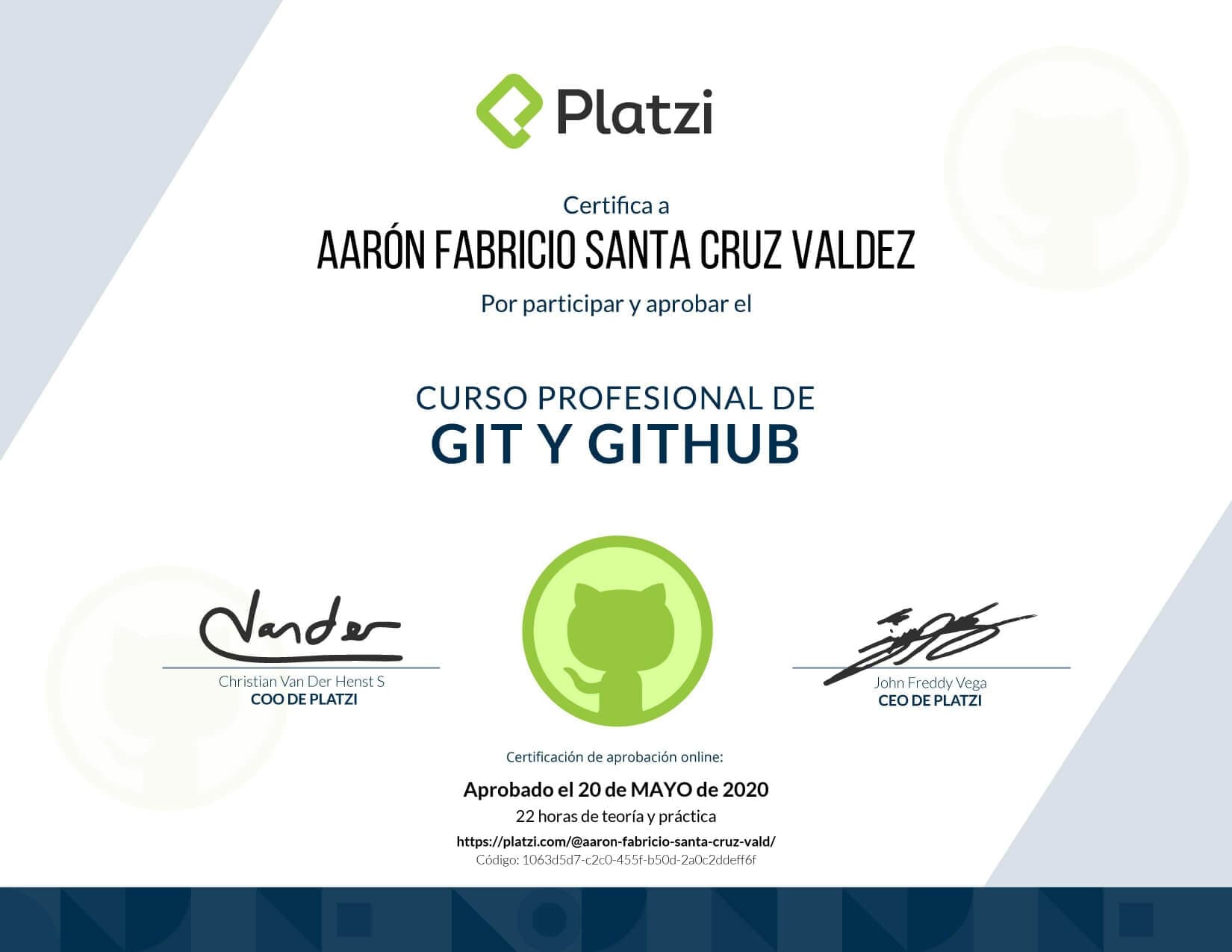 Certificado de Git y GitHub obtenido por Aaron Fabricio Santa Cruz Valdez