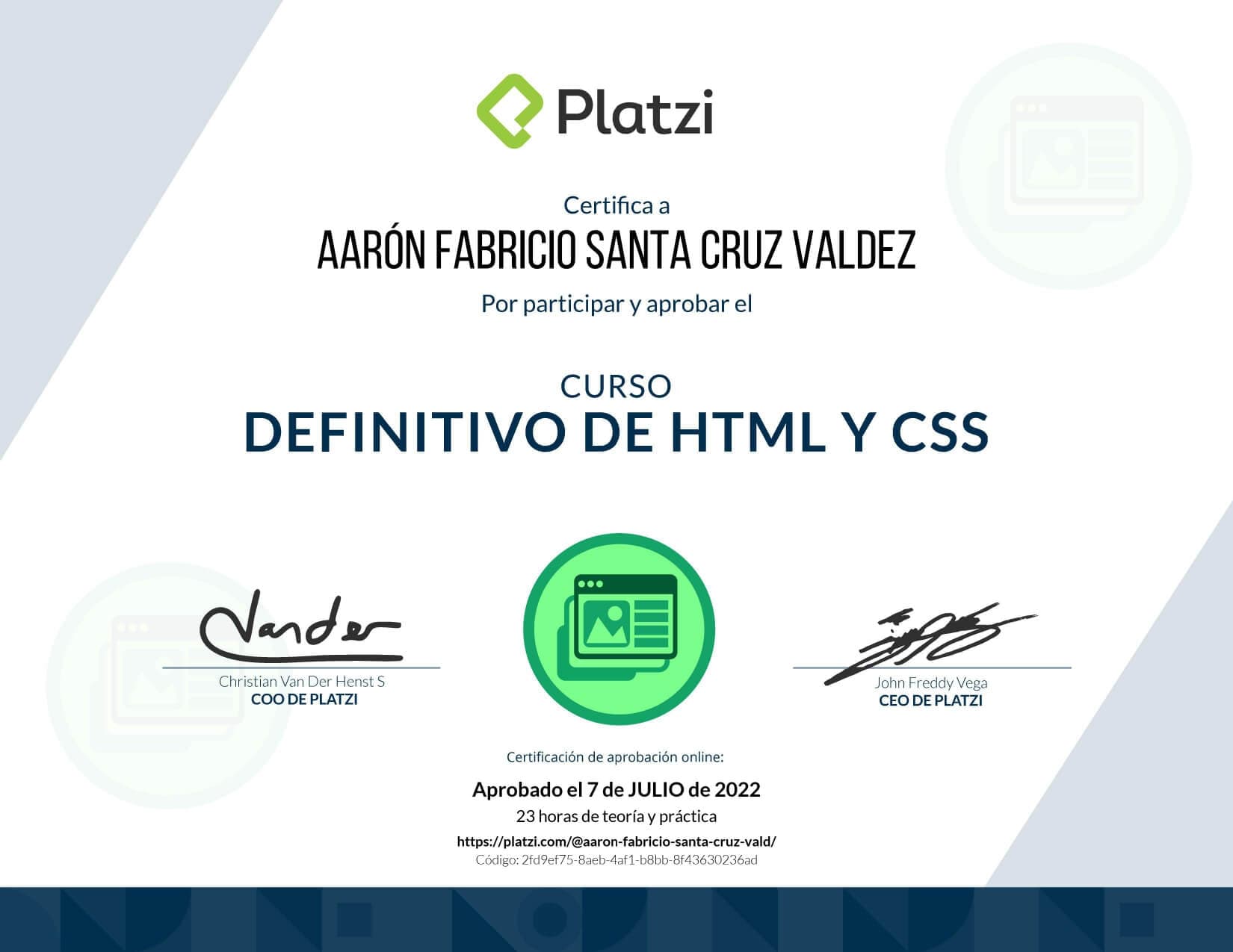 Certificado de HTML y CSS obtenido por Aaron Fabricio Santa Cruz Valdez