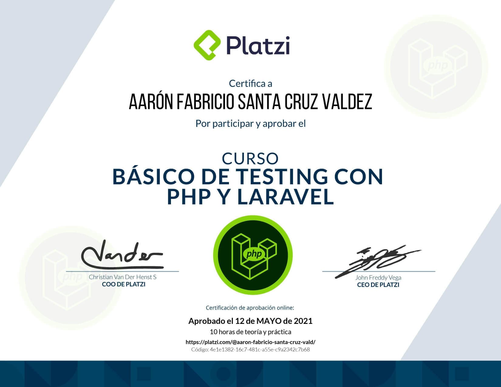 Certificado de Laravel Testing obtenido por Aaron Fabricio Santa Cruz Valdez