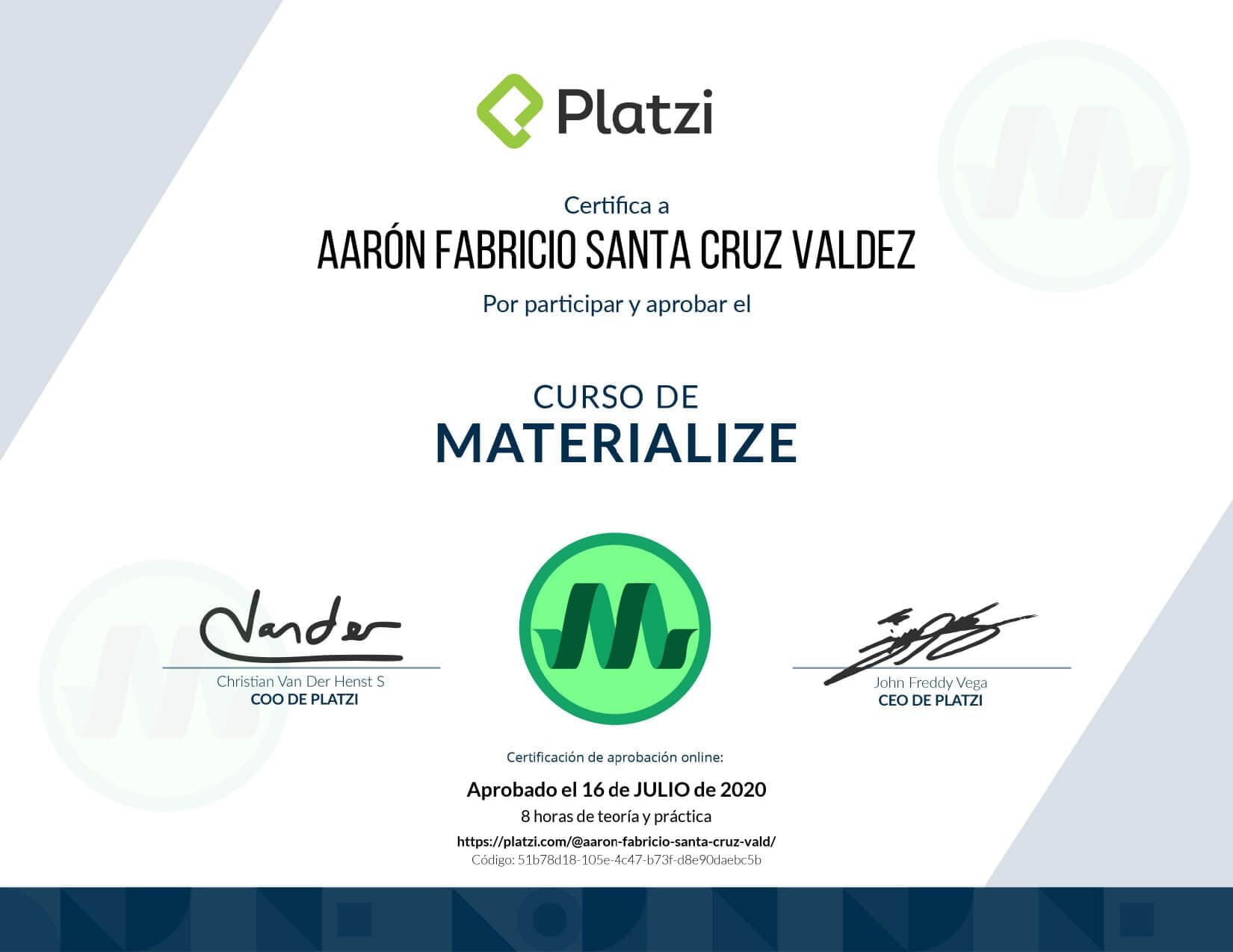Certificado de Materialize CSS obtenido por Aaron Fabricio Santa Cruz Valdez