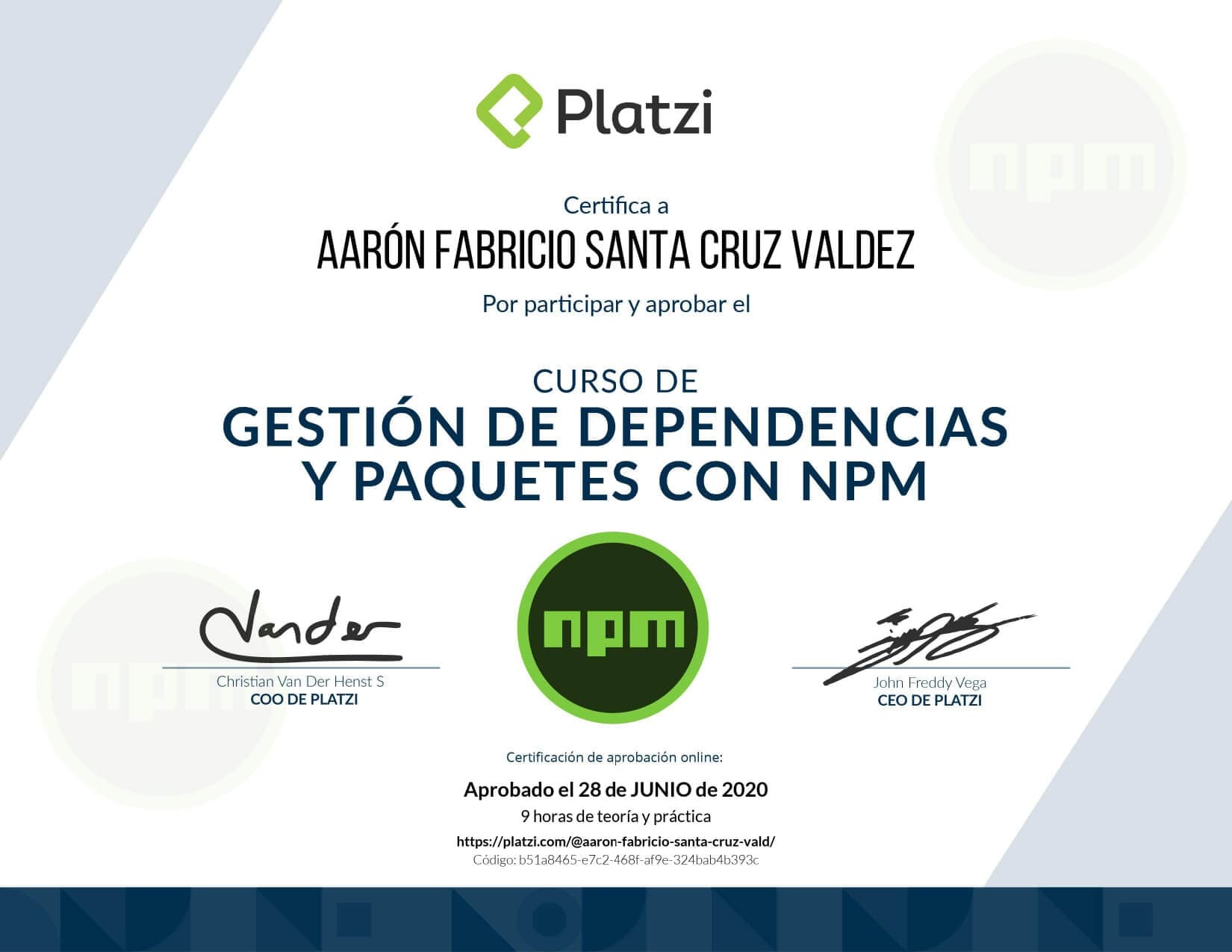Certificado de Curso de NPM obtenido por Aaron Fabricio Santa Cruz Valdez