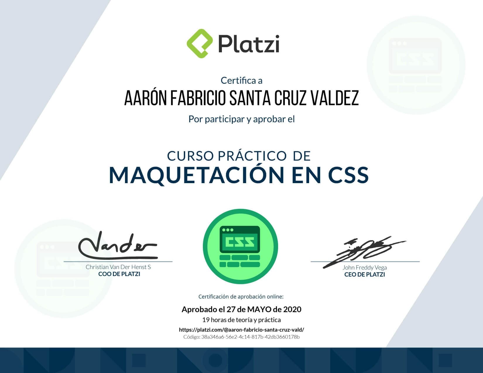 Certificado de Maquetación con CSS (Práctico) obtenido por Aaron Fabricio Santa Cruz Valdez