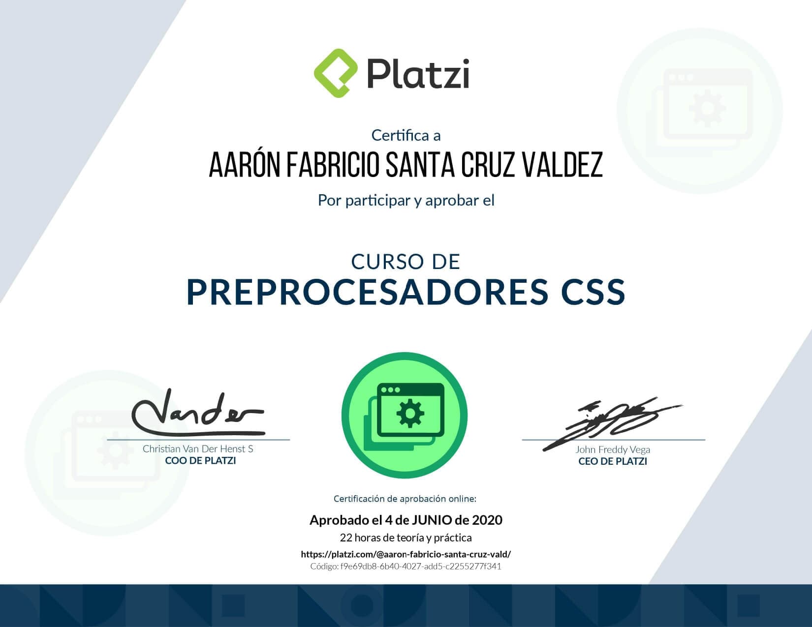 Certificado de Preprocesadores CSS obtenido por Aaron Fabricio Santa Cruz Valdez