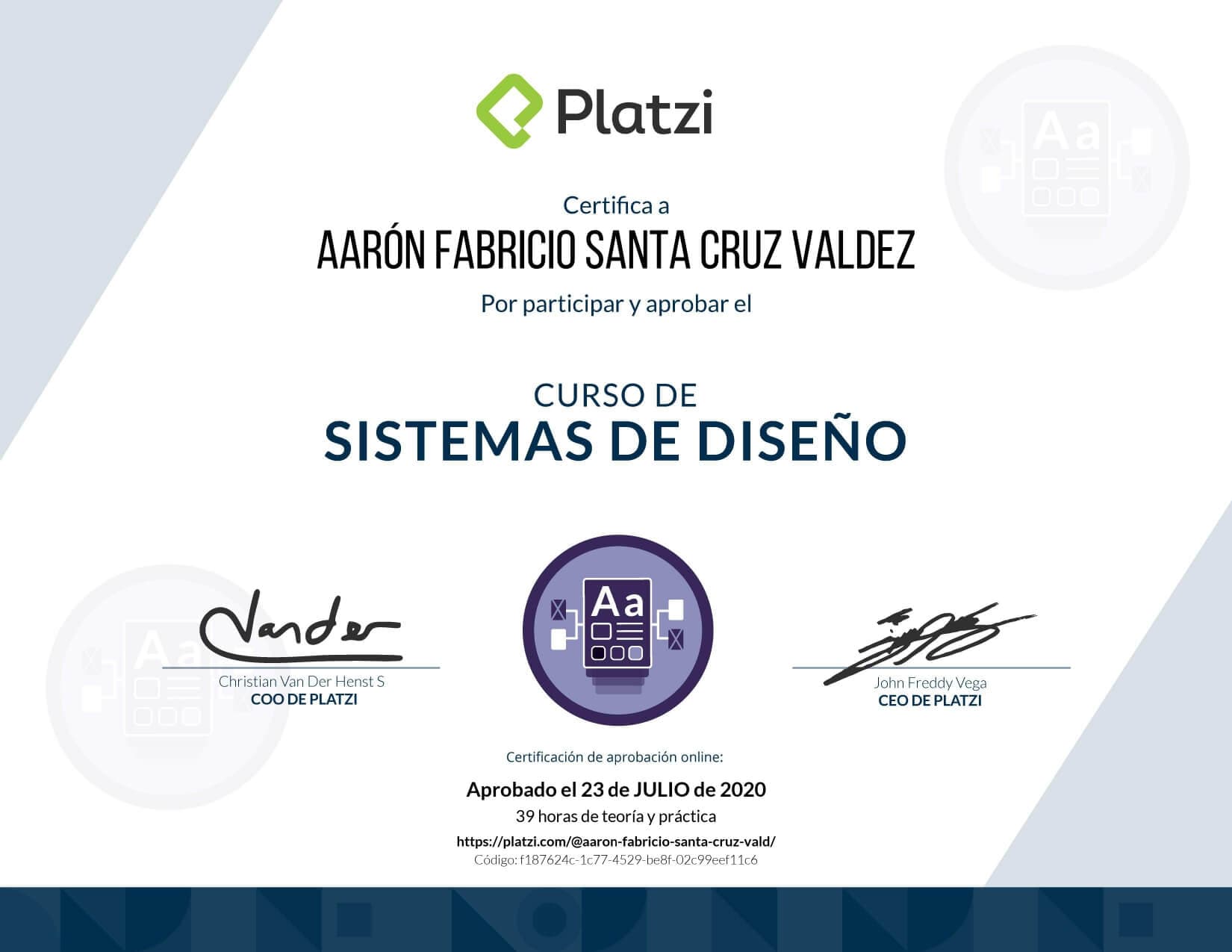 Certificado de Sistemas de Diseño obtenido por Aaron Fabricio Santa Cruz Valdez