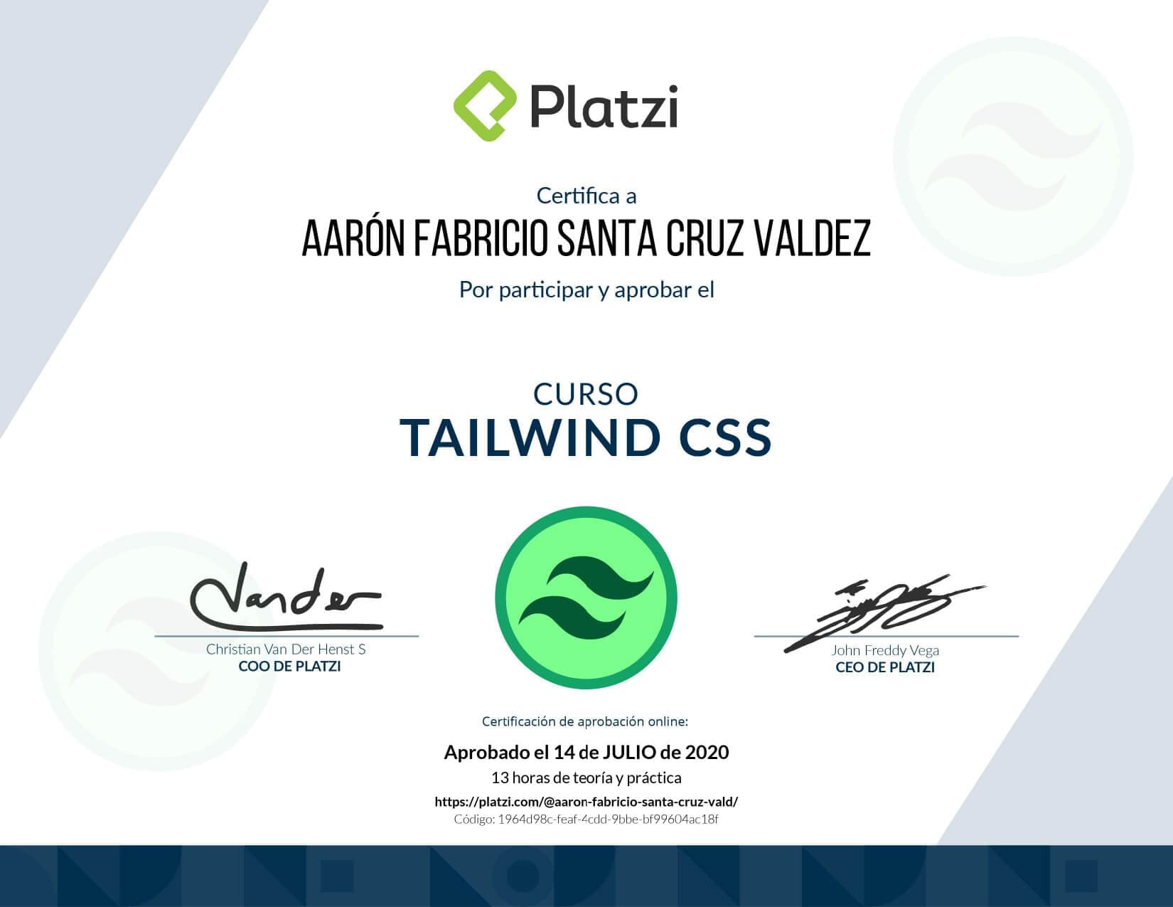 Certificado de Tailwind CSS (2020) obtenido por Aaron Fabricio Santa Cruz Valdez