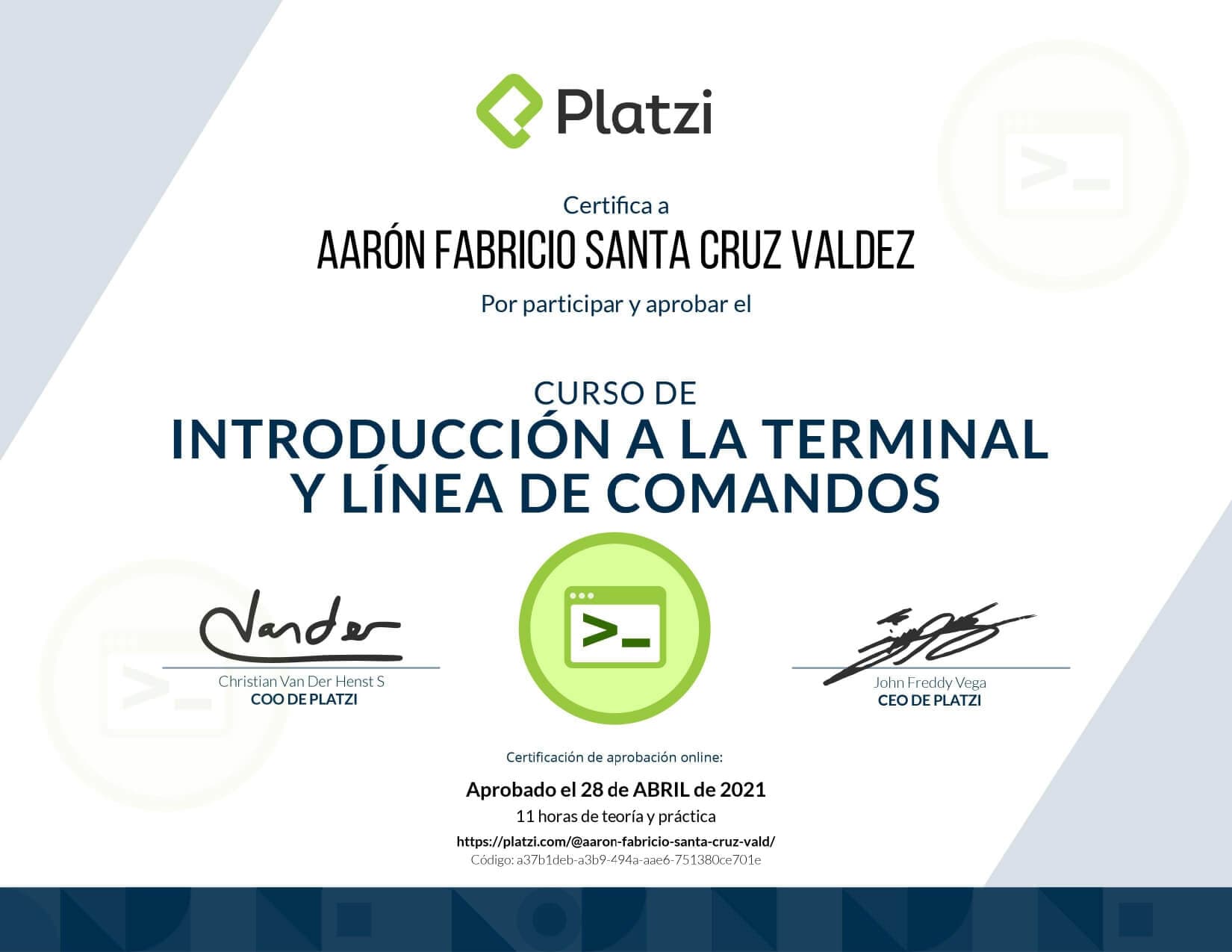 Certificado de Terminal de Comandos obtenido por Aaron Fabricio Santa Cruz Valdez